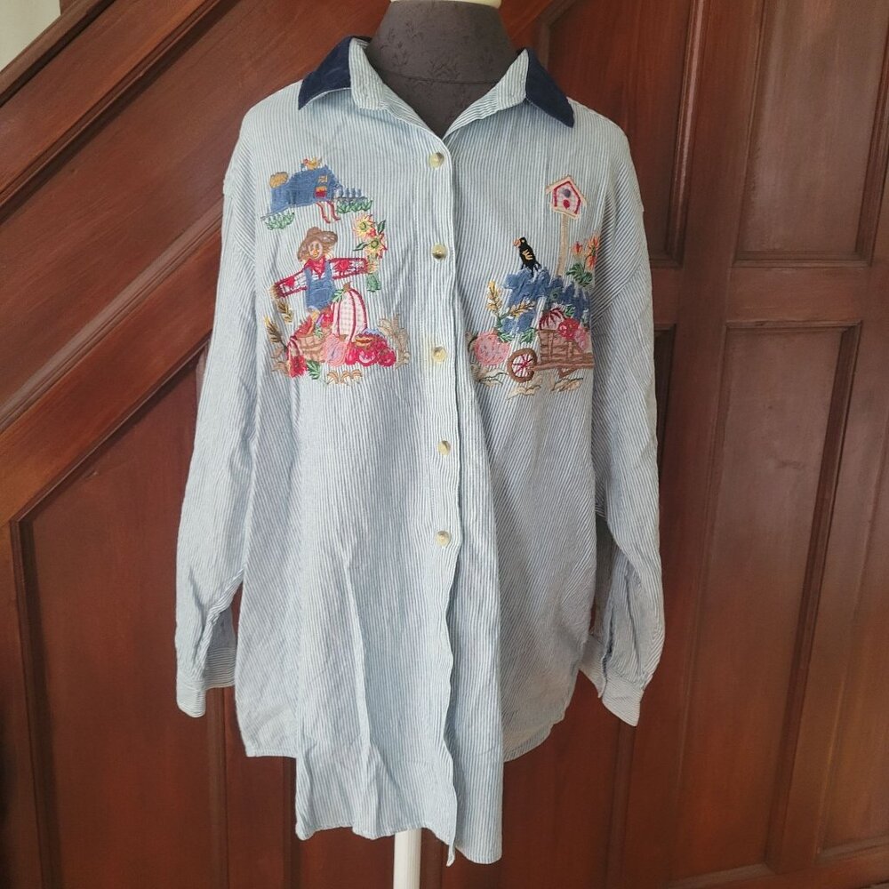 VJ Woman Striped Button-Up Shirt With Embroidered Scarecrow & Birdhouse